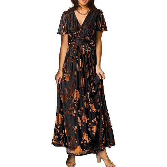 Simplee FLORAL V Neck Velvet Maxi Dress SZ S - Picture 1 of 4